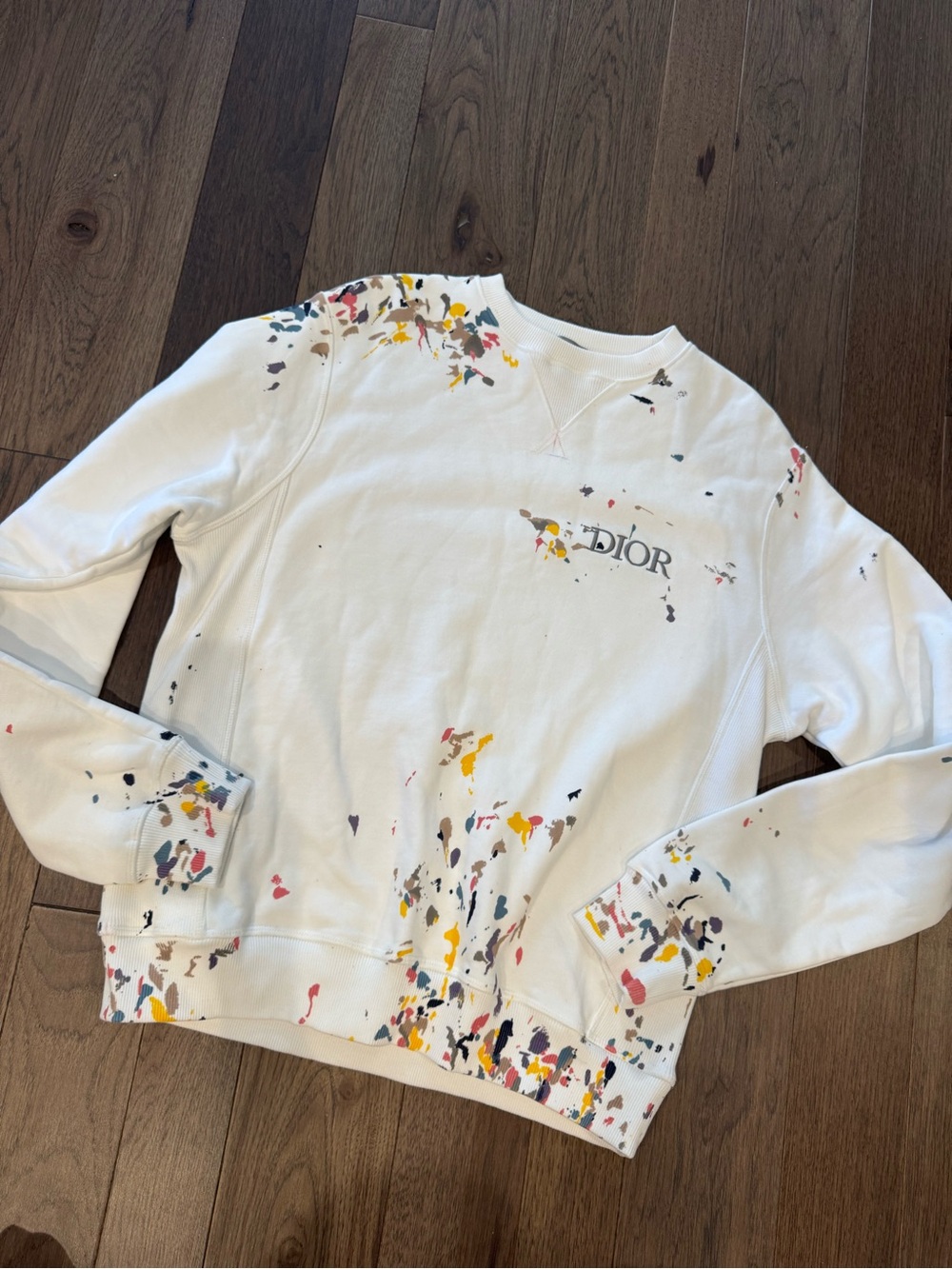 Dior Men’s 2021 White Crewneck Sweatshirt with Multicolor Paint Splatter